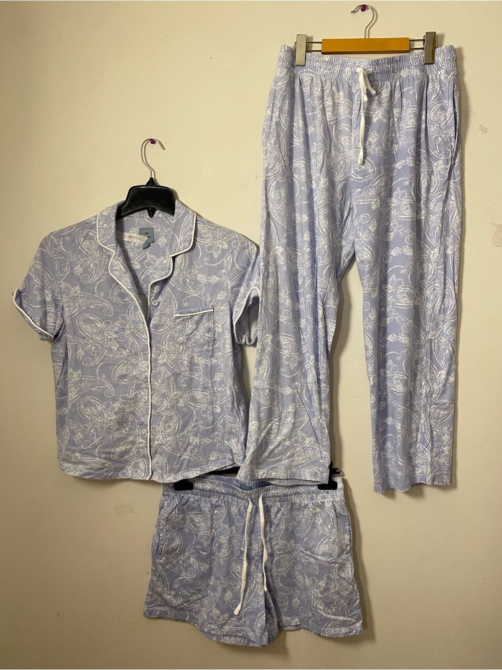 Light Blue Paisley 3 pieces Pajama Set - Short & Long Pants